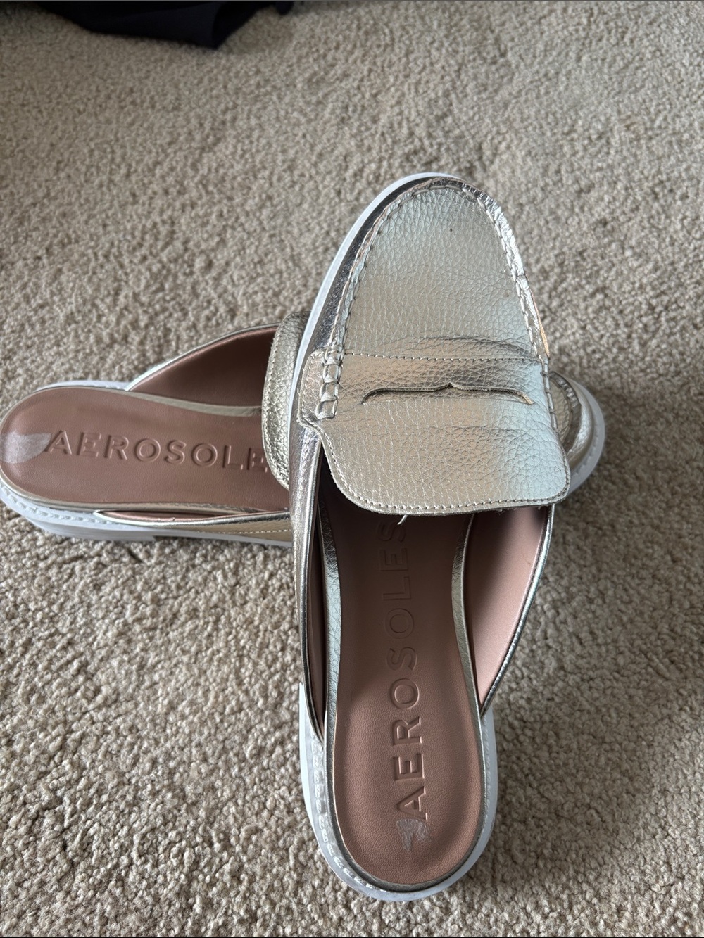 AEROSOLES Metallic Silver Slip-On Mule Loafers